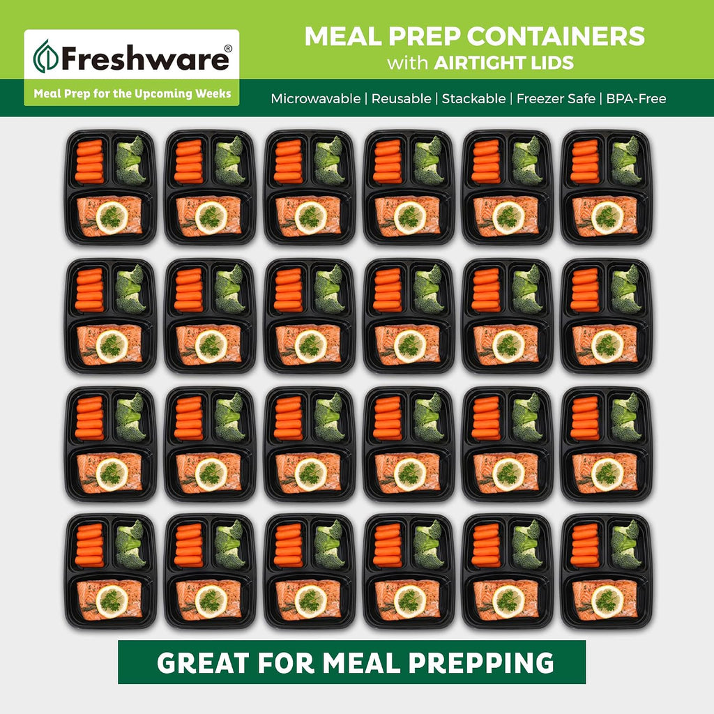 Freshware Meal Prep Containers [50 Pack] 3 Compartment Food Storage Containers With Lids, Bento Box, Bpa Free, Stackable, Microwave/Dishwasher/Freezer Safe (24 Oz)