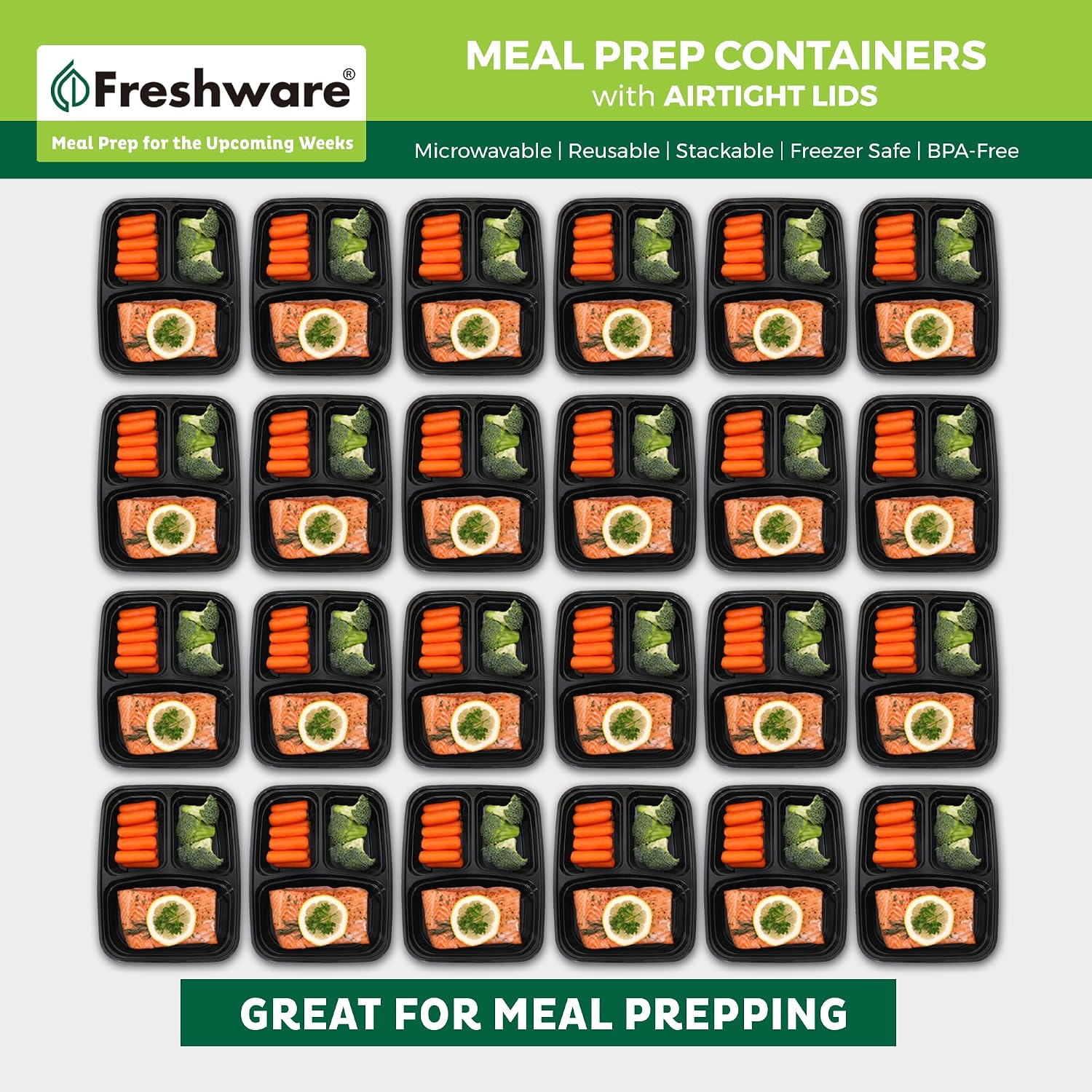 Freshware Meal Prep Containers [50 Pack] 3 Compartment Food Storage Containers With Lids, Bento Box, Bpa Free, Stackable, Microwave/Dishwasher/Freezer Safe (24 Oz)