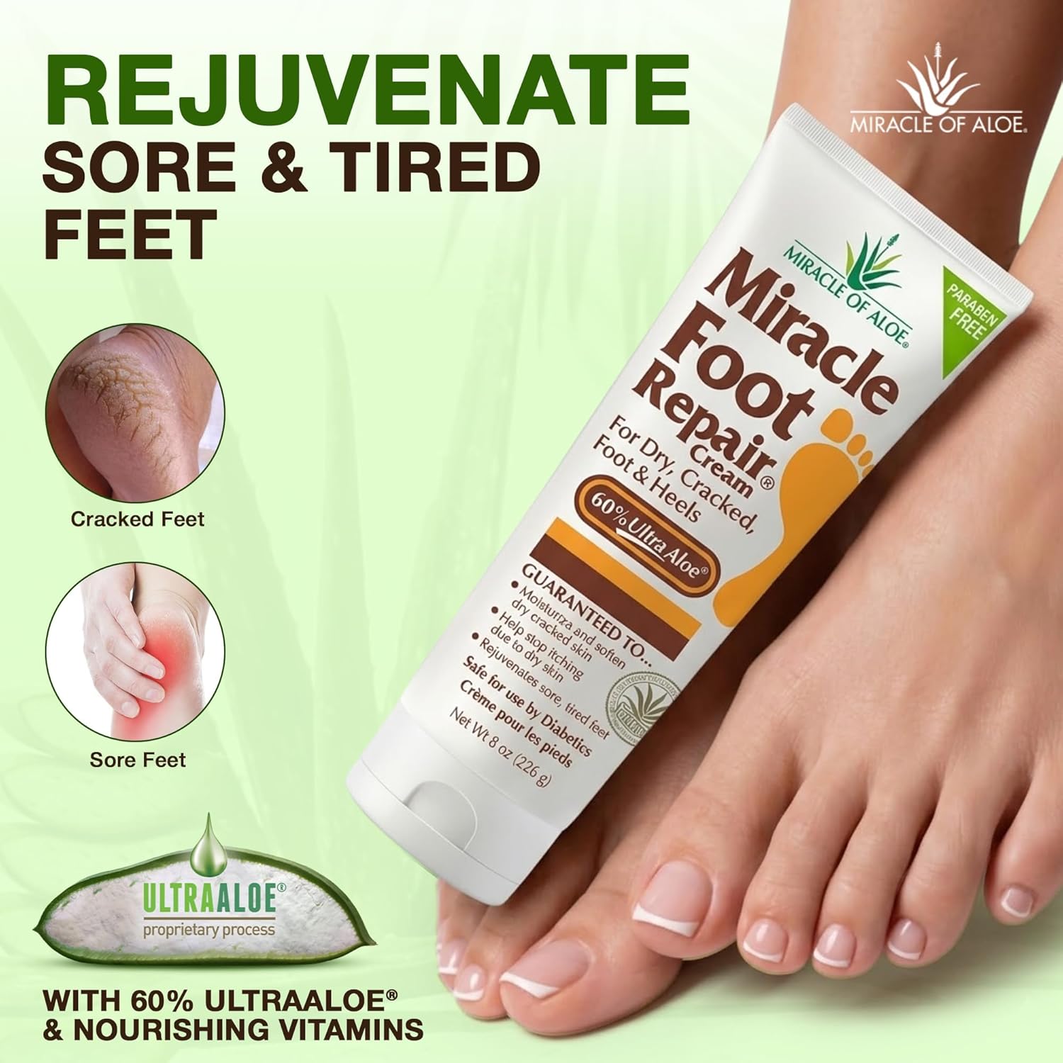 Miracle Foot Repair Cream, 8 oz + 1 oz Miracle Hand Repair, Healing Aloe Vera Lotions for Dry, Cracked Hands and Feet (8 oz Foot Cream + 1 oz Hand Cream)
