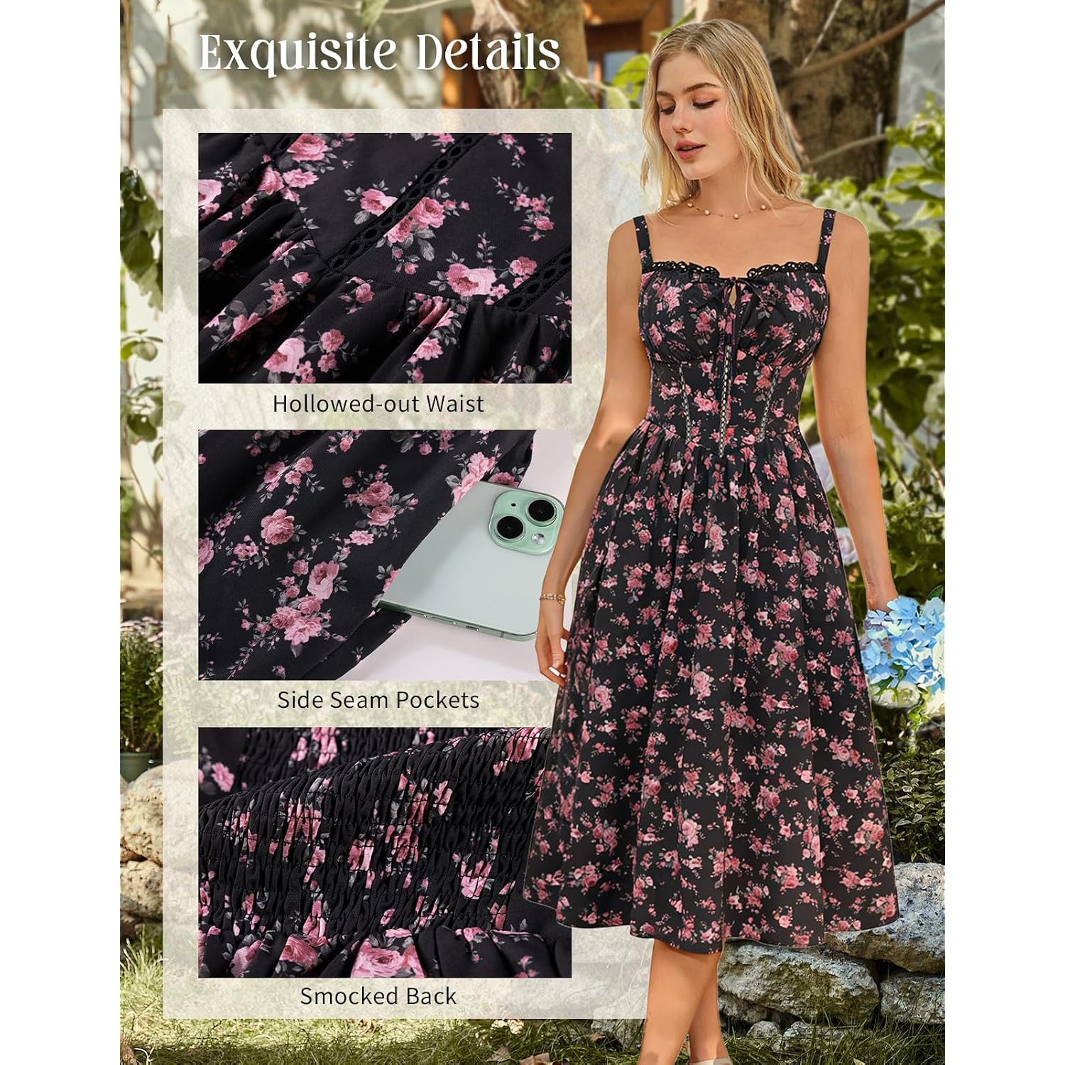 Scarlet Darkness Women 2026 Floral Corset Dress Summer Milkmaid Sundress | Cutout Waist, Smocked Back, Pockets, For Casual, Wedding Guest, Tea Party, Vacation