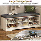 60“ Farmhouse Storage Bench With Cushion, Shoe Rack With Slide Barn Doors, Adjustable Shelf And 2 Drawer For Entry, Bedroom, Closet, Living Room, Hallway (White Brown, 60 In)