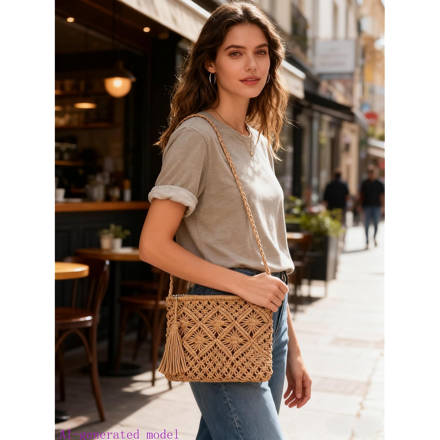 Boho Handwoven Crossbody Bag For Women - Crochet Straw Clutch Purse Beach Bag With Tassel For Vacation Casual & Travel
