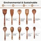 Wooden Spoons For Cooking – 10 Pcs Teak Wood Utensil Set, Durable, Nonstick Safe & Heat Resistant With Ergonomic Handles
