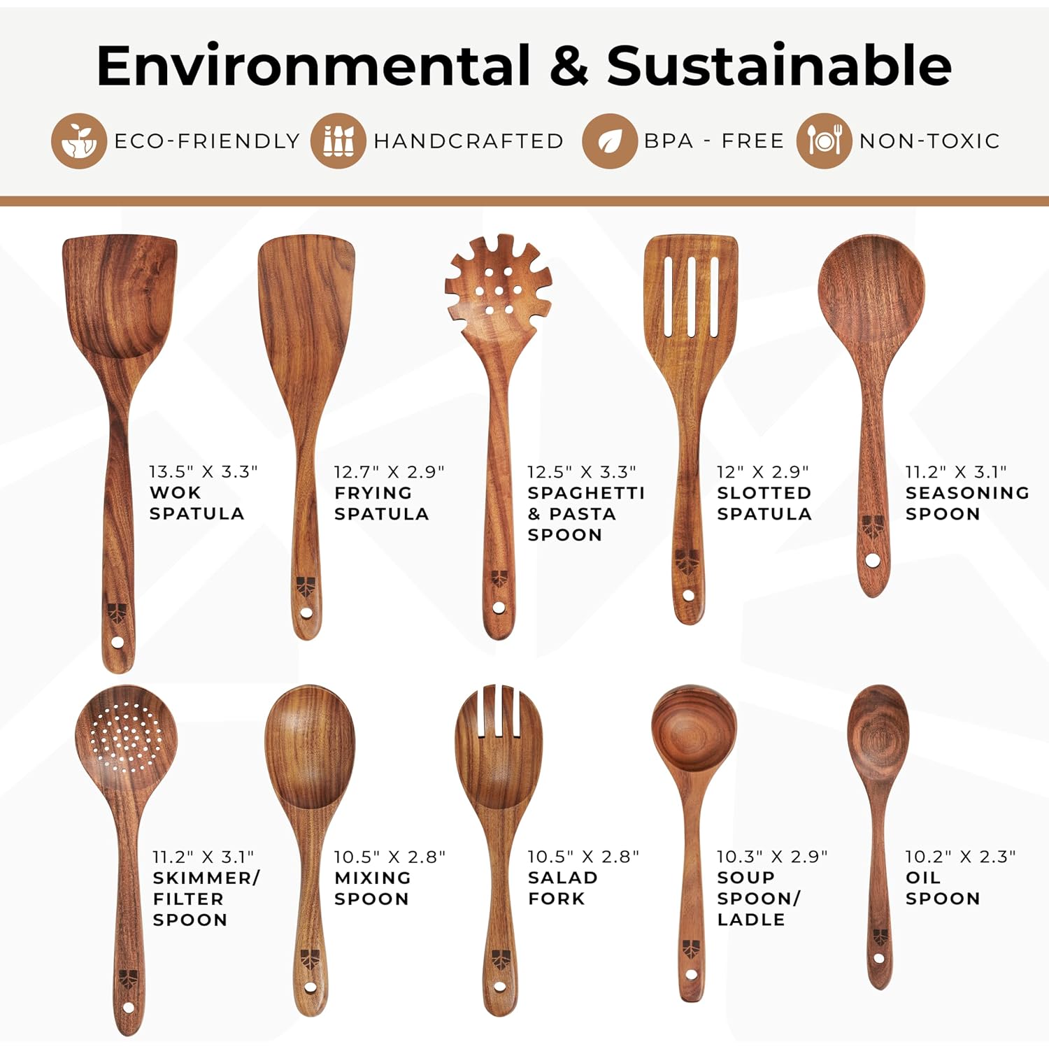 Wooden Spoons For Cooking – 10 Pcs Teak Wood Utensil Set, Durable, Nonstick Safe & Heat Resistant With Ergonomic Handles
