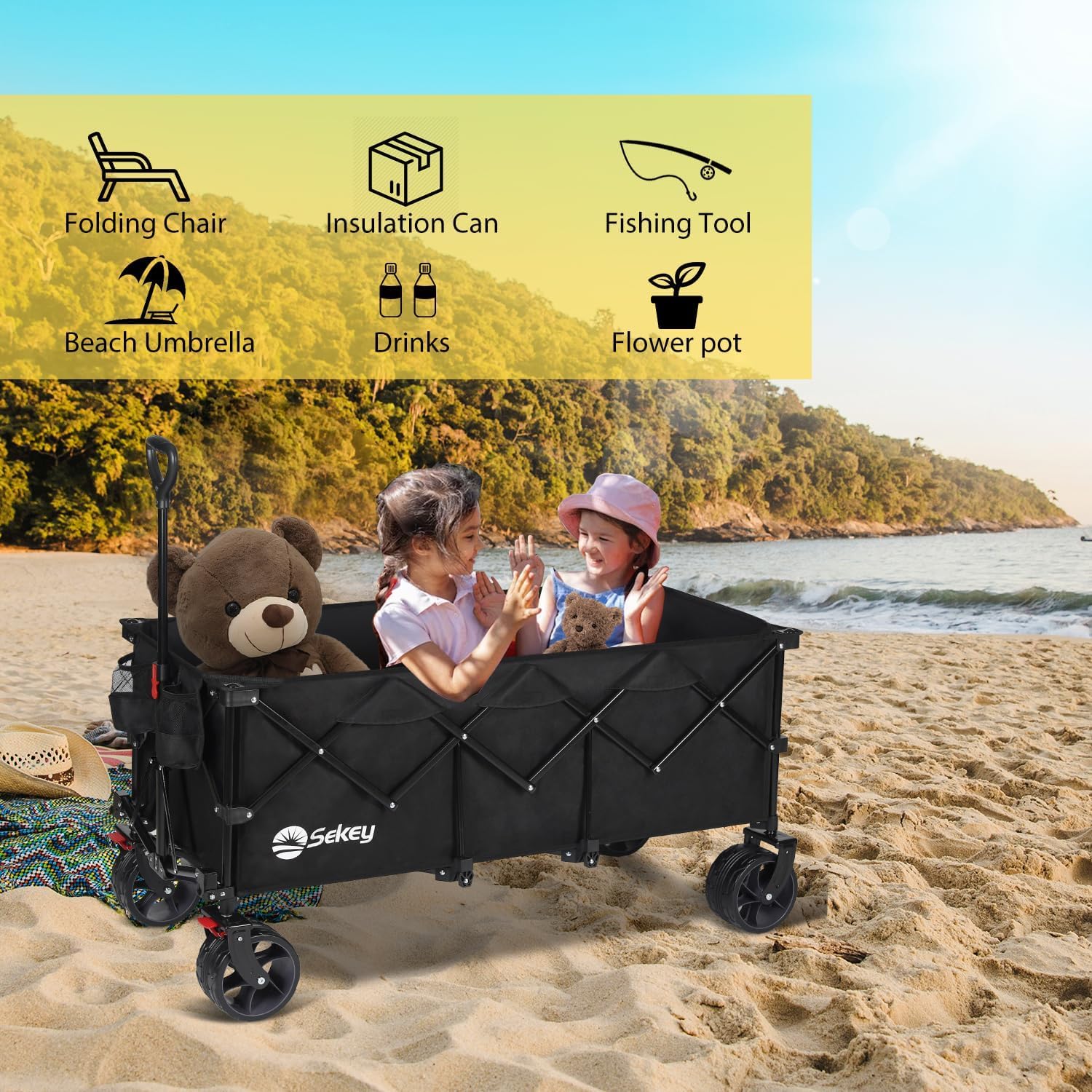 Sekey 48''L Collapsible Foldable Extended Wagon With 660Lbs Weight Capacity, Heavy Duty 300L Folding Utility Garden Cart With Big All-Terrain Beach Wheels & Drink Holders. Black