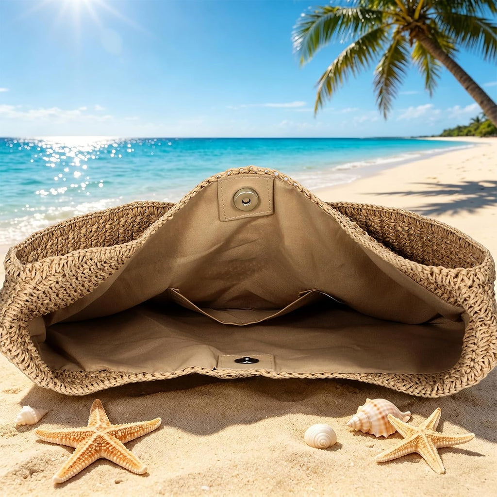 Beach Bags For Women Boho Straw Purse Summer Woven Shoulder Bag Handbag Crochet Mesh Tote Bag Vacation Purse