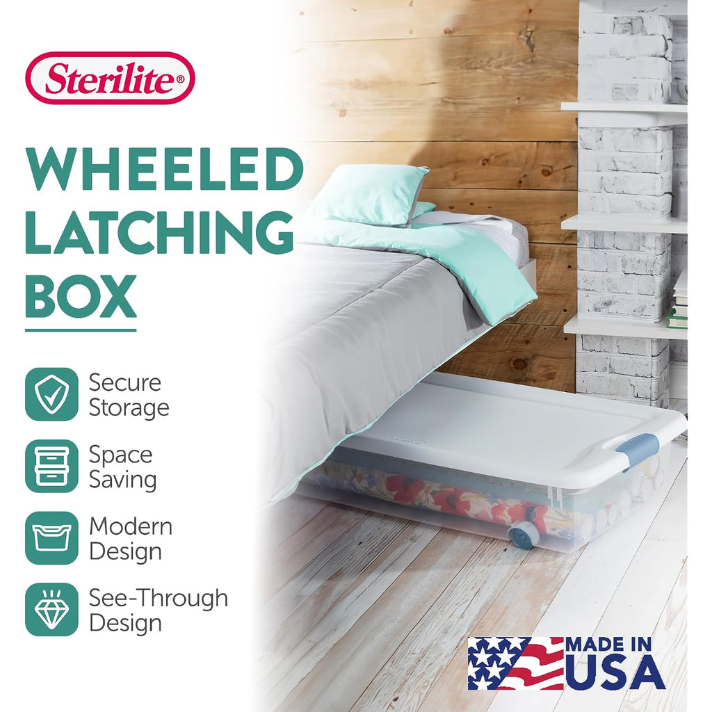 Sterilite 4-Pack 56 Quart Wheeled Latching Box, Underbed Clear Plastic Storage Organizer - Under Bed Rolling Container Bin With Lid And Wheels For Home Or Dorm Bedrooms And Closets