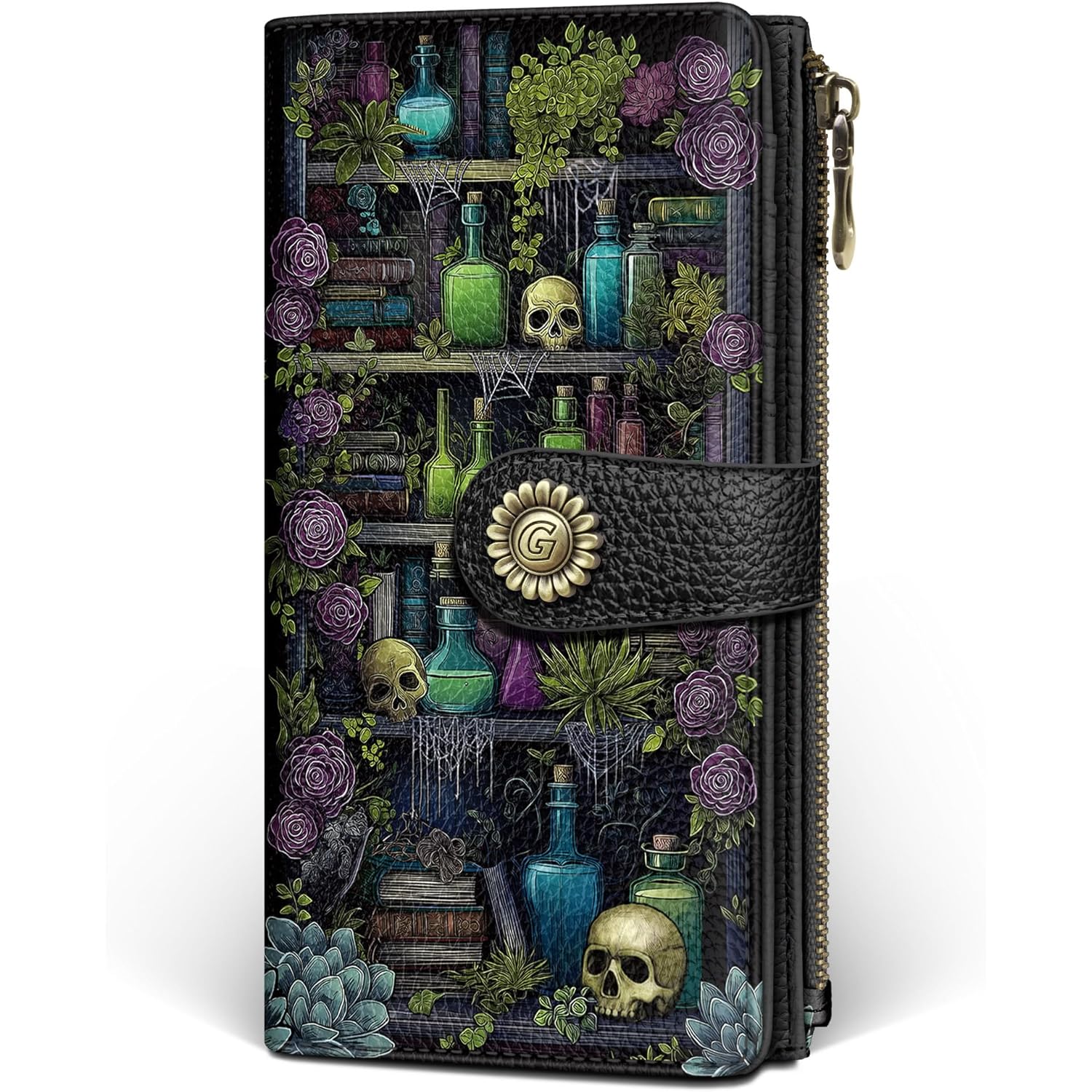 GIANCOMICS Goth Book Shelf Womens Wallet RFID Blocking, Gothic Skull Witchy Credit Card Holder Bifold, PU Leather Travel Billfold, Long Cute Cash Purse, Zipper Coin Pocket Clutch, Ladies Gift Woman