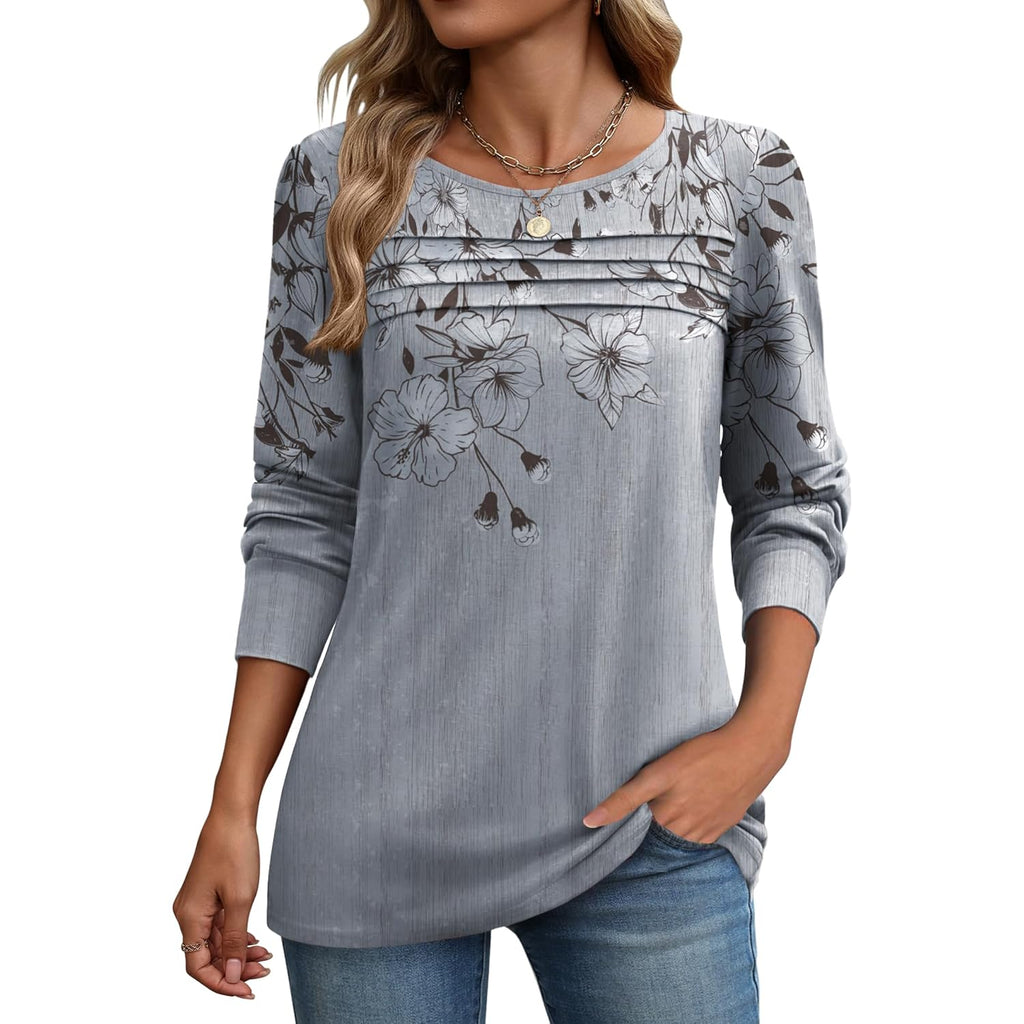 Long Sleeve Shirts for Women Casual Fall Fashion Crewneck Pleated Tunic Tops Work Outfit Blouse