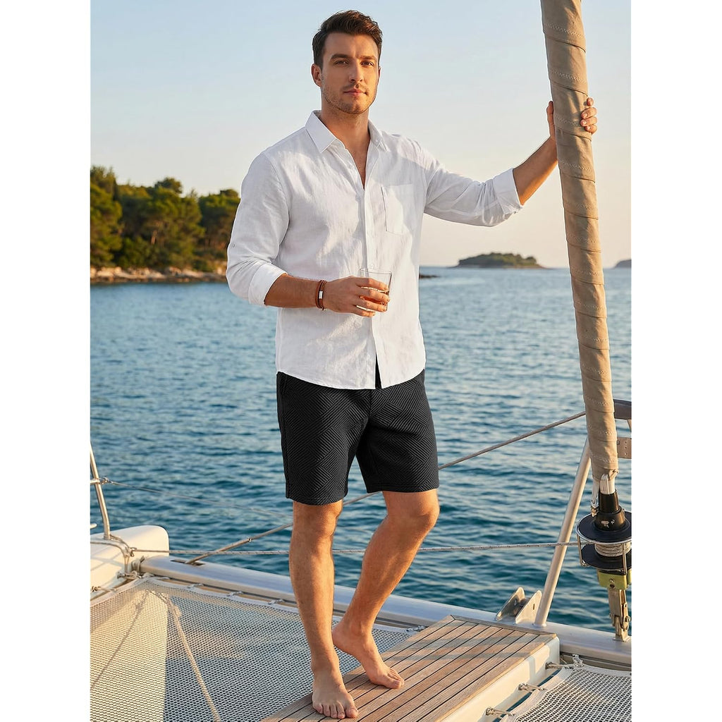 Jmierr Mens Casual 7" Shorts Summer Drawstring Elastic Waist Beach Sweat Shorts Texture With Pockets