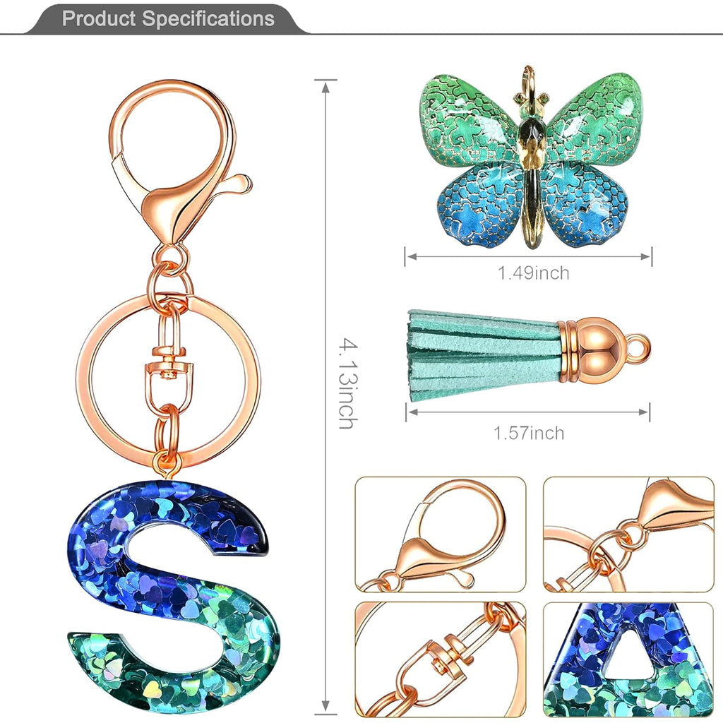 JINGUAZI Initial letter Keychains for Women Tassel Butterfly Pink Purple Cute Car Keychain for Wallet Backpack bag charm