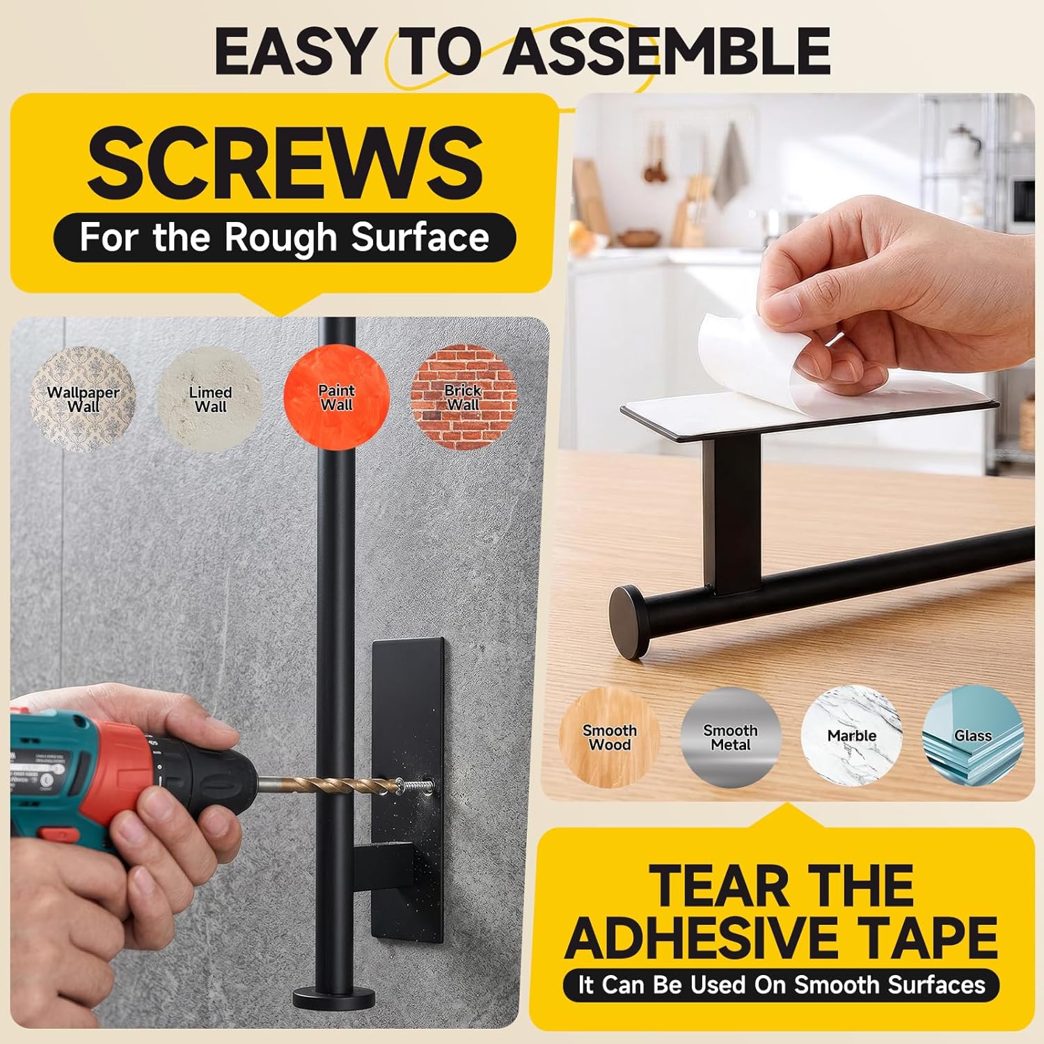 Paper Towel Holder Wall Mount - Self Adhesive No Drill or Drilling, SUS304 Stainless Steel - Kitchen, Bathroom, Sink, Pantry, Fridge(Black)