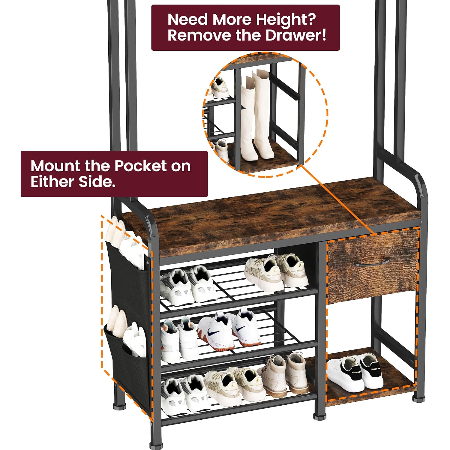 Homeiju Hall Tree With Bench And Shoe Storage, 3-In-1 Entryway Organizer With 6+2 Hooks, Coat Rack With Adjustable Feet For Stability, Mudroom Furniture With Storage Shelf