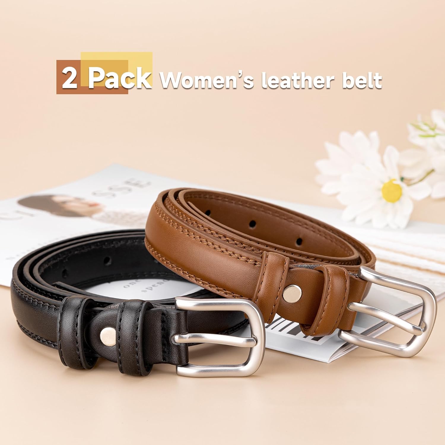 2 Pack Leather Belts for Women Trendy, Women's Belts for Jeans Pants Dresses with Silver Buckle