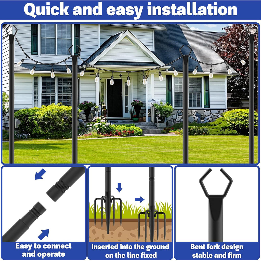 6 Pack 10 Ft Heavy Duty Metal String Light Poles Adjustable Outdoor Lighting Stand For Patio,Backyard,Garden,Party & Wedding Rustproof & Sturdy With Hooks