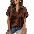 Womens Satin Blouse Short Sleeve Silk Tops Button Down Shirts Business Casual Outfits