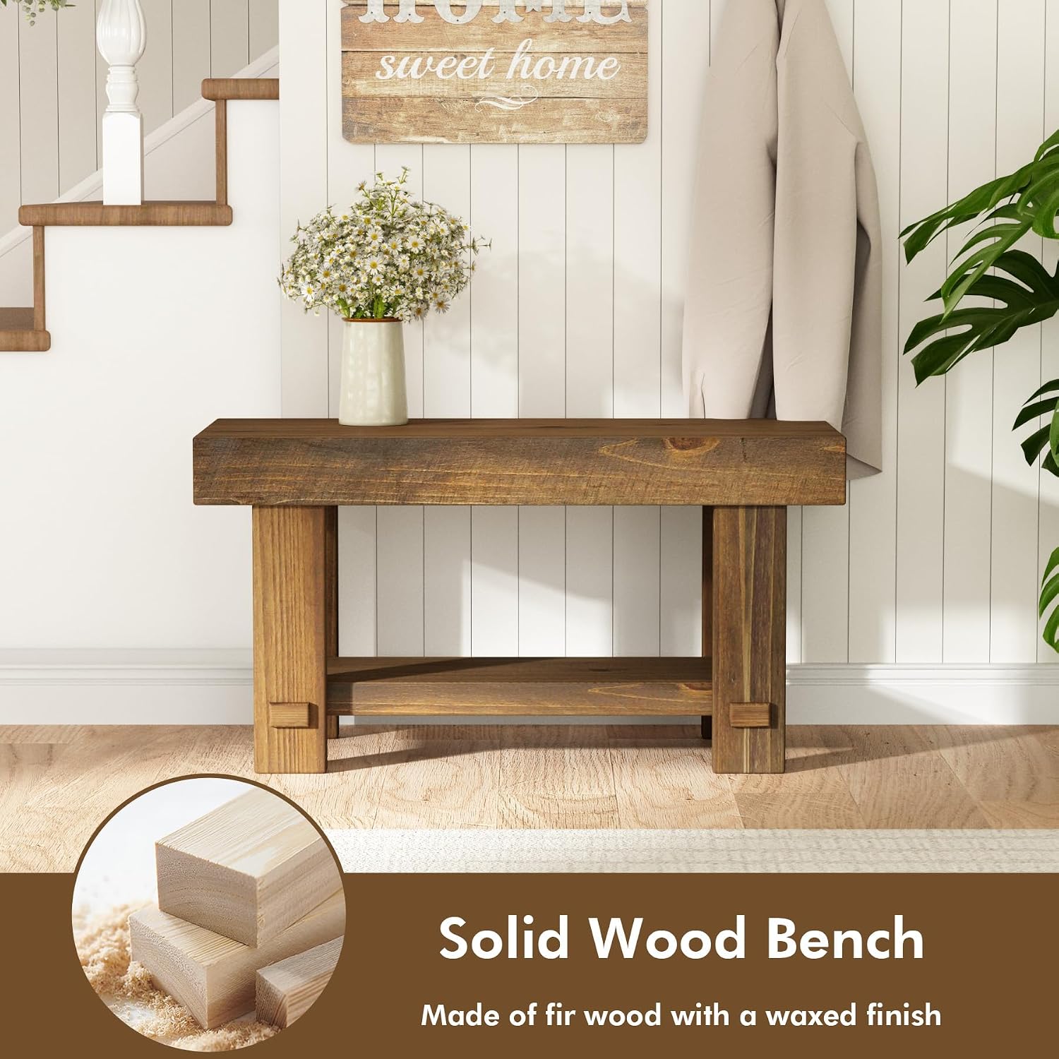 Solid Wood Entryway Bench - 31.5" Farmhouse Small Storage Benches, Narrow Bench Seat For Indoor, Entryway, Dining Room, Living Room And Hallway, Rustic Natural
