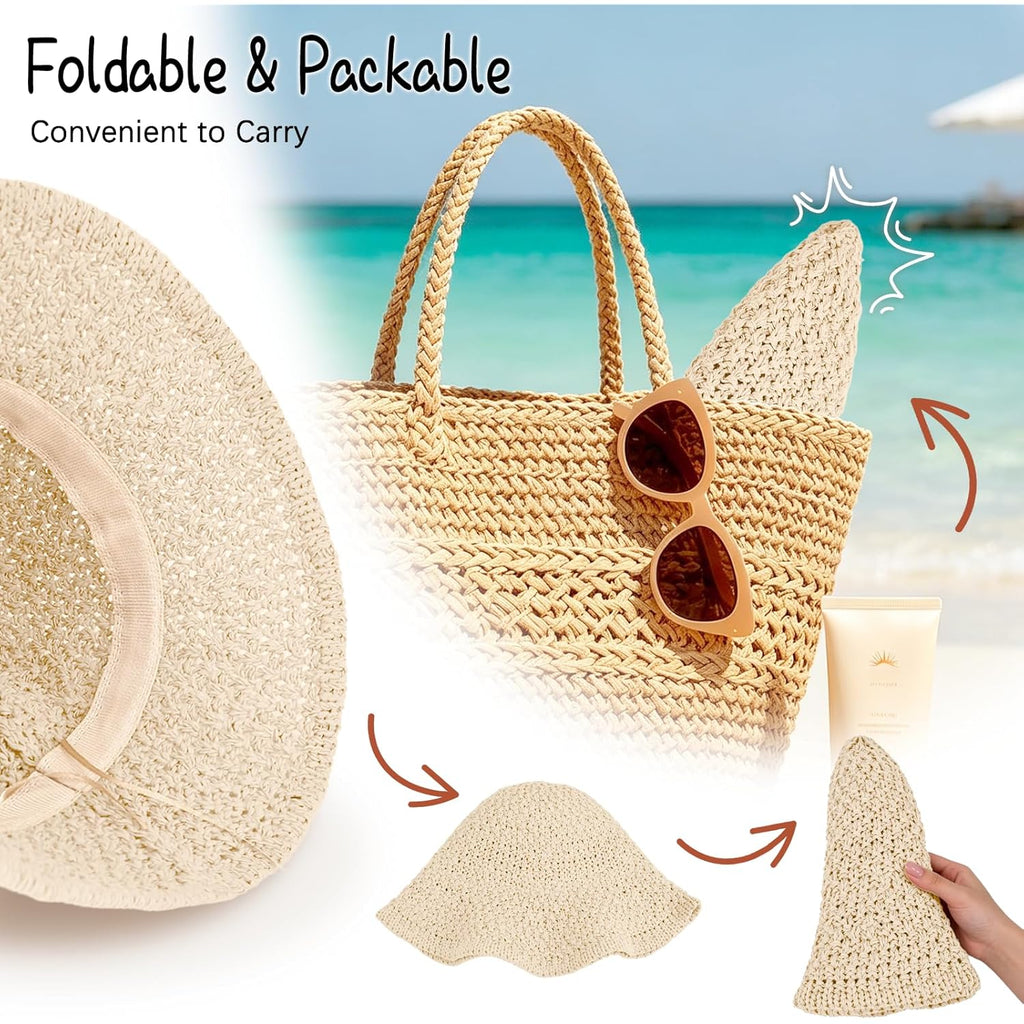 Sun Hat for Women Summer Straw Beach Hats Floppy Crochet Hat UV Protection Travel Bucket Hat Foldable Packable