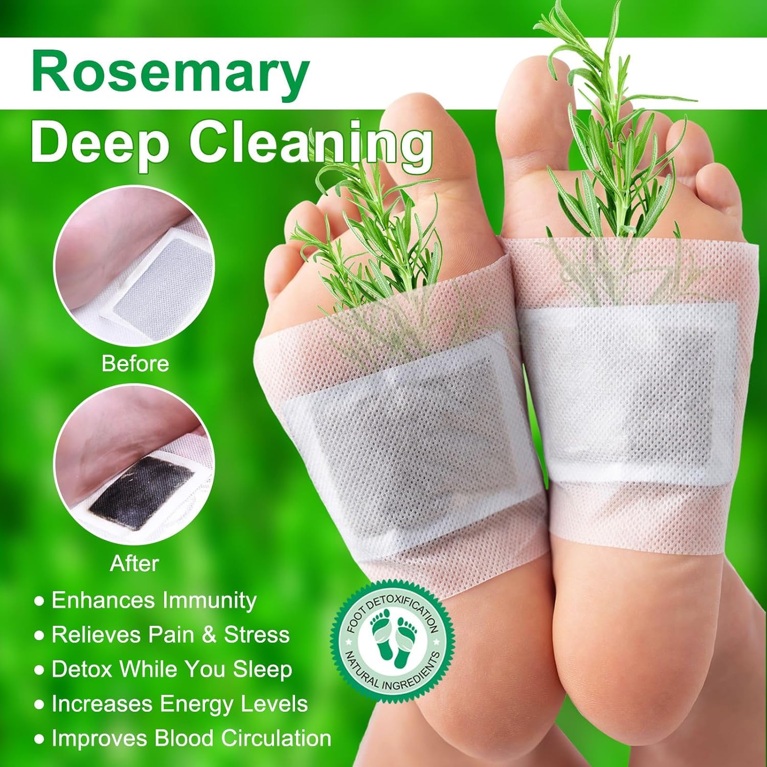 Natural Rosemary Foot Patches with Bamboo, Ginger, Vinegar, Charcoal | 30 Count | Pack of 3