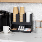 Mind Reader Condiment Station, 13 Inch Countertop Coffee Bar Organizer with 6 Compartments, Storage Caddy for Cups, Lids and Packets, Plastic, Black