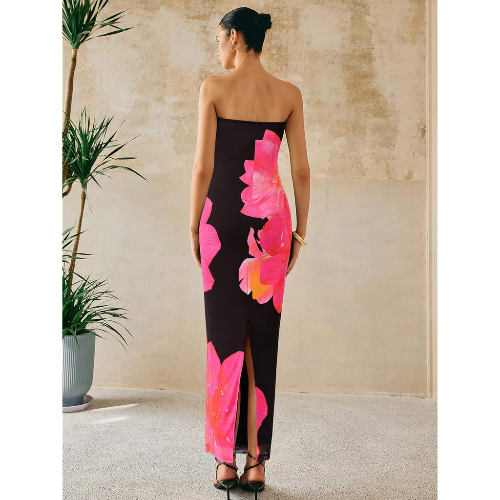 Prettygarden Women Summer Strapless Maxi Dress Bodycon Floral Sexy Long Wedding Guest Dress Formal Tube Mesh Cocktail Dresses