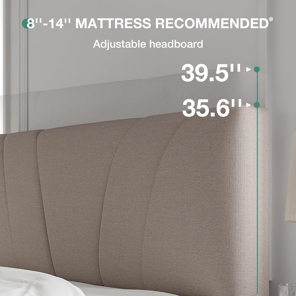 Novilla King Size Bed Frame With Adjustable Headboard Platform King Bed Frame Linen Fabric Upholstered Headboard, No Box Spring Needed, Noise-Free, Wooden Slats Support, Easy Assembly, Beige