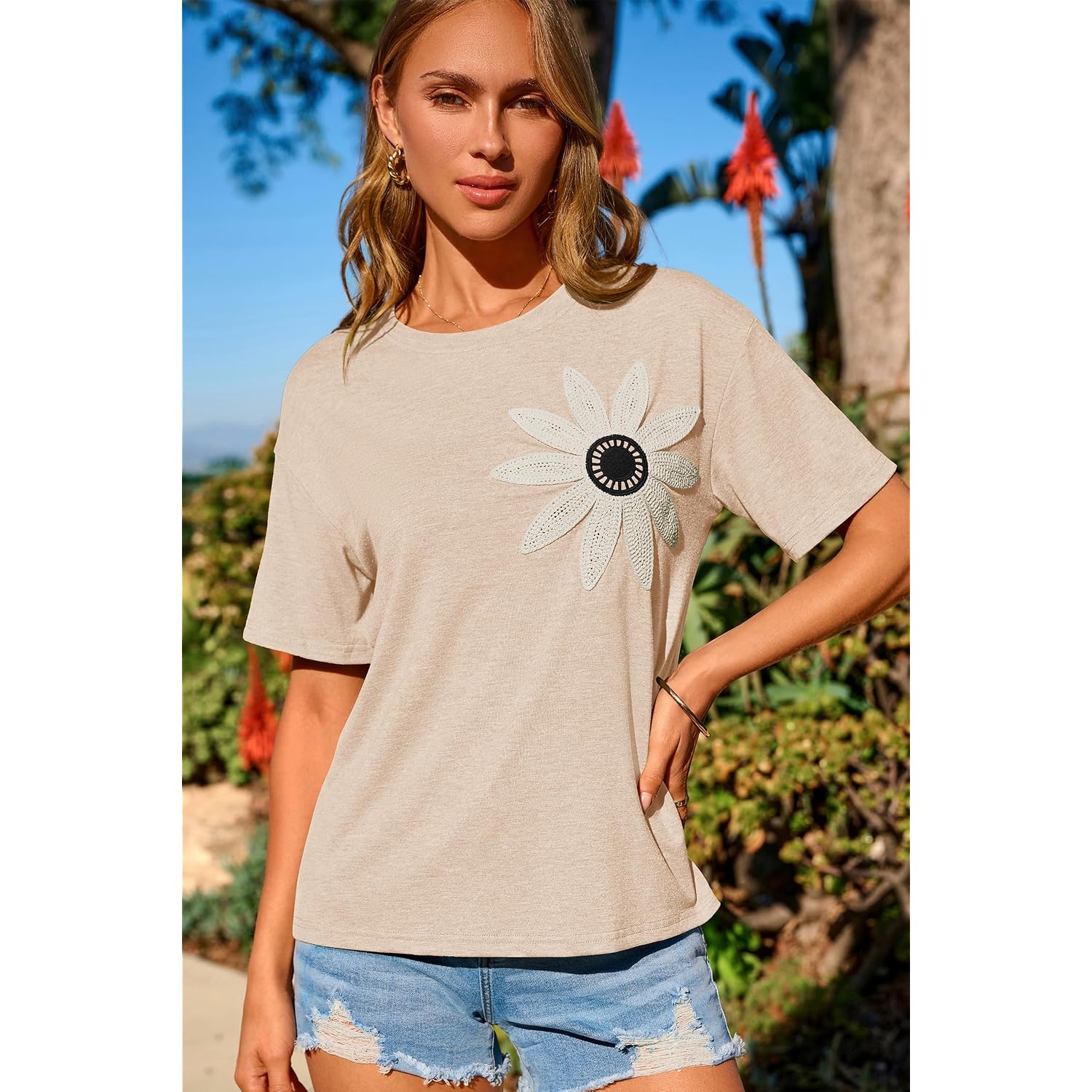 Dokotoo Summer Tops For Women 2026 Flower Embroidery Short Sleeve T-Shirts Crewneck Casual Loose Basic Tee Blouses