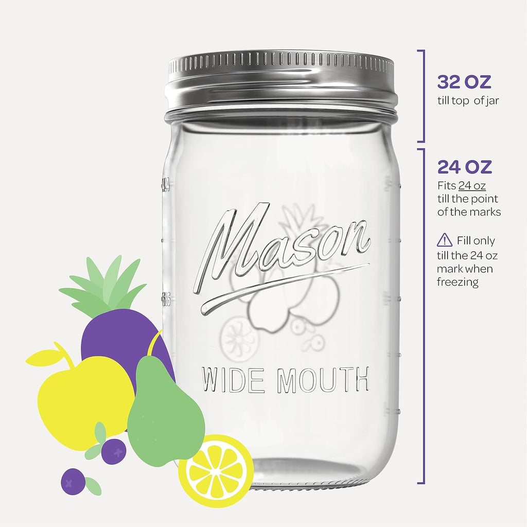 SEWANTA Wide Mouth Mason Jars 32 oz [4 Pack] With Mason Jar Lids and Bands, Mason Jars 32 oz - For Canning, Fermenting, Pickling - Jar Decor - Microwave/Dishwasher Safe.