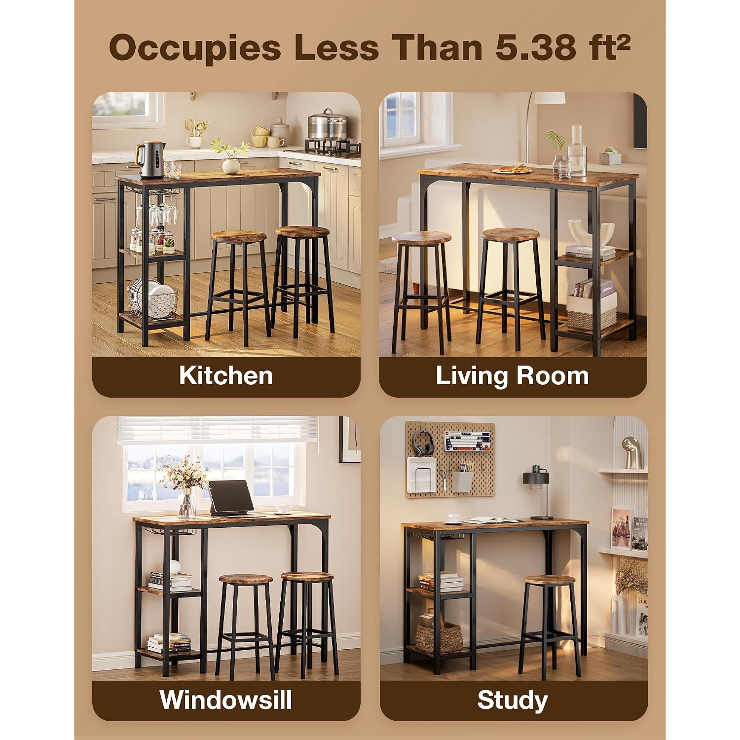 Qsun 3-Piece Bar Table Set For 2 | Bar Height Table With Stools & 2 Storage Shelves, Small Bar Table Set With Glass Rack, Small Kitchen Table For Dining Room