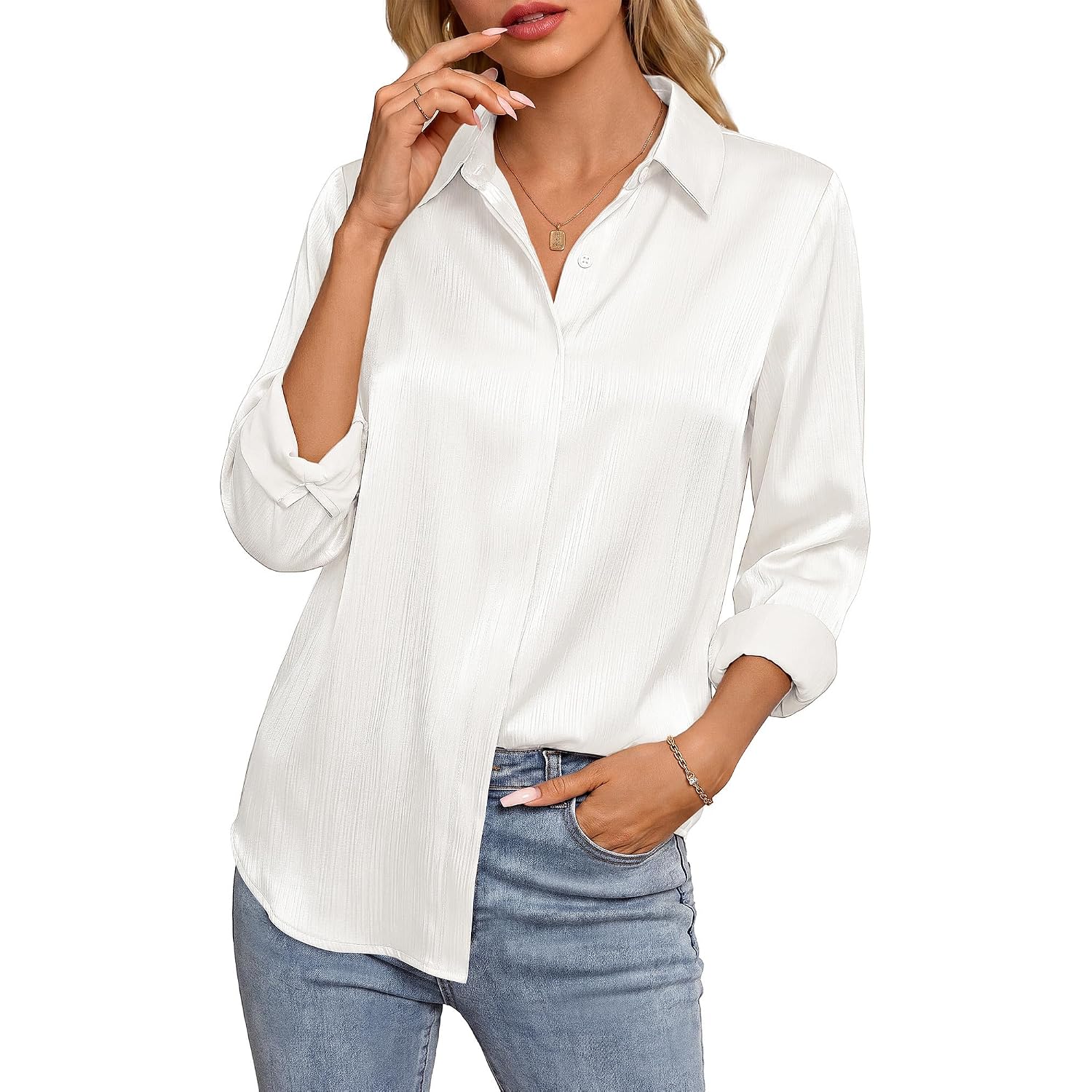 Grace Karin 2026 Womens Silky Satin Button Down Shirts Long Sleeve Work Blouses Dressy Casual Tops