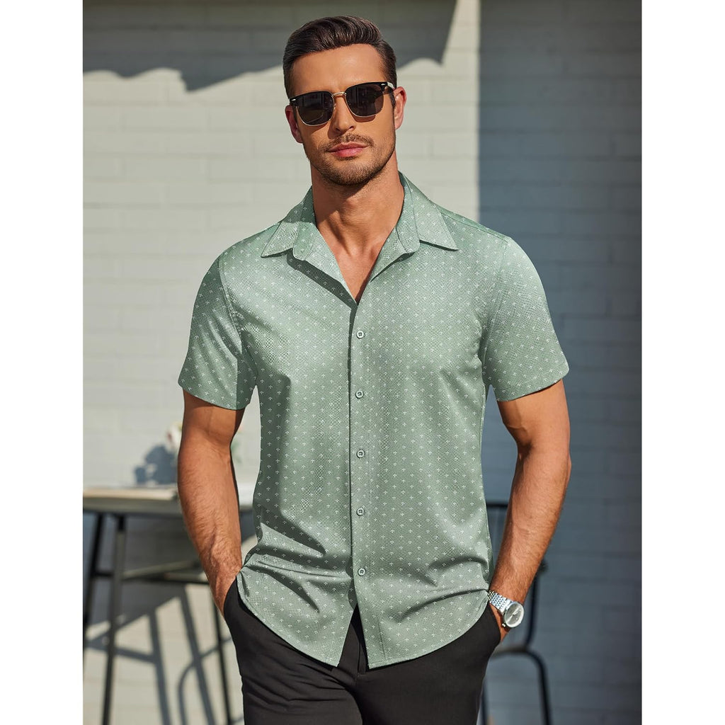 Coofandy Mens Wrinkle Free Dress Shirt Polka Dot Short Sleeve Button Down Business Casual Shirts