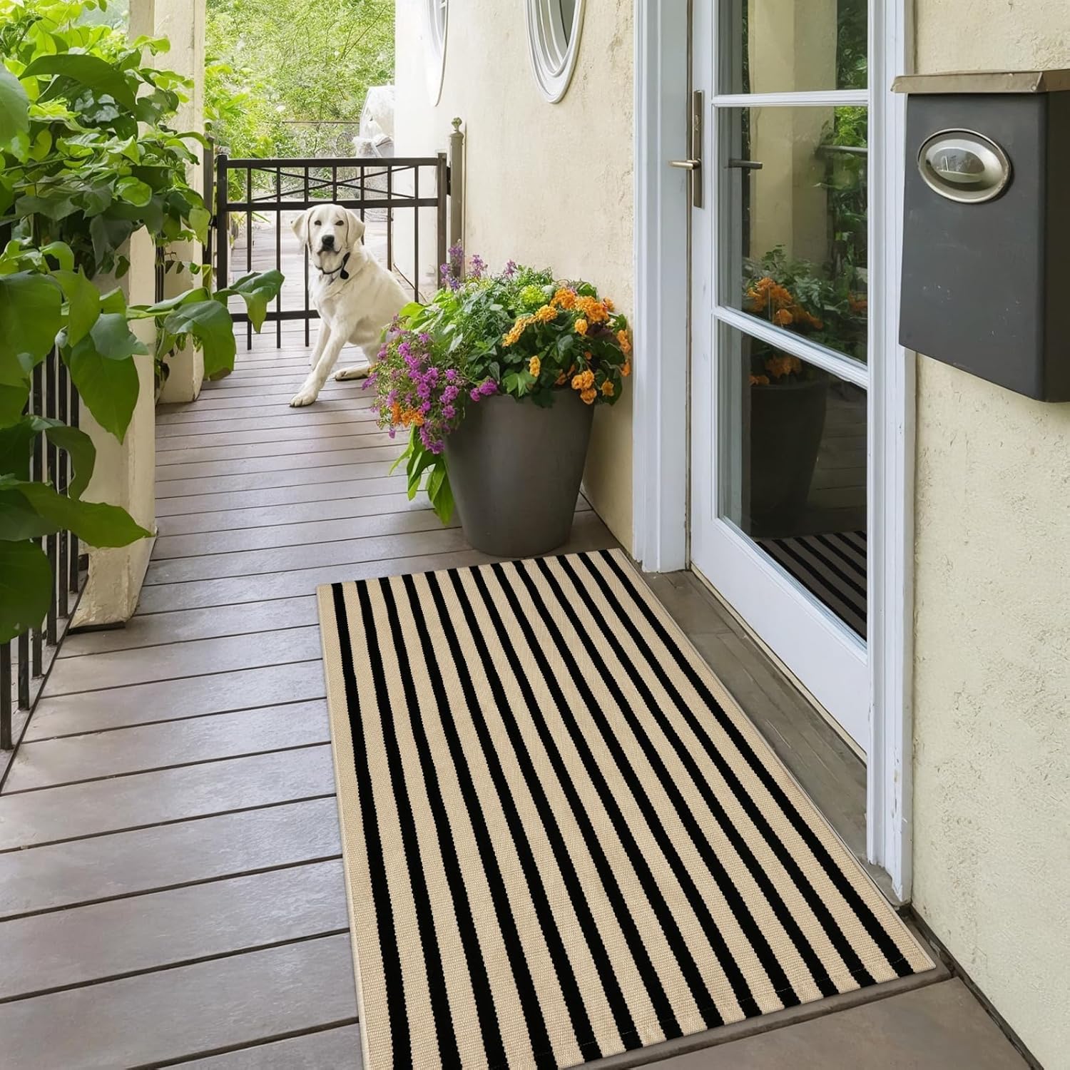OJIA Outdoor Porch Rug Front Door Mat 24"x51", Washable Black and Tan Striped Outdoor Rugs Front Door Rugs Cotton Woven Kitchen Rugs Small Area Rugs for Entryway/Patio/Entry/Outside Entrance Decor