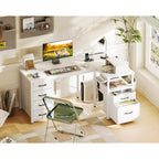 Coleshome L Shaped Computer Desk With 6 Fabric Drawers & Power Outlet, 55 Inch Corner Desk With Reversible Storage Shelf & File Drawer, Home Office Desk, White