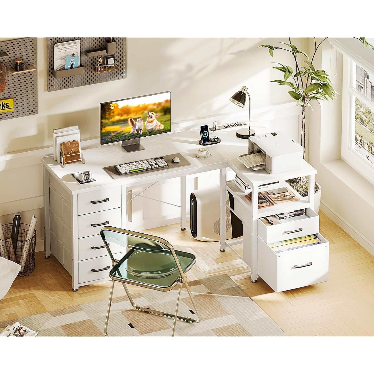 Coleshome L Shaped Computer Desk With 6 Fabric Drawers & Power Outlet, 55 Inch Corner Desk With Reversible Storage Shelf & File Drawer, Home Office Desk, White