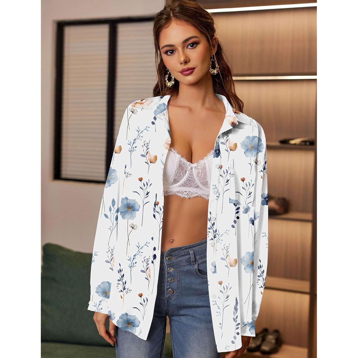 Womens Button Down Shirts Oversized Long Sleeve Floral Printed Blouses Casual Work Tops Drop Shoulder Outfit Clothes