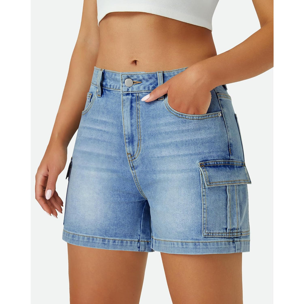 Womens Cargo Jean Shorts High Waisted Microelastic Straight Leg Long Denim Mom Shorts