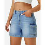 Womens Cargo Jean Shorts High Waisted Microelastic Straight Leg Long Denim Mom Shorts