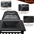 32 Inch Fire Pit Table With Fire Poker & Spark Screen, Outdoor Burning Fire Pits, 3 In 1 Metal Square Firepit Stove For Outside Heating, Bonfire Party, Camping, Patio, Garden