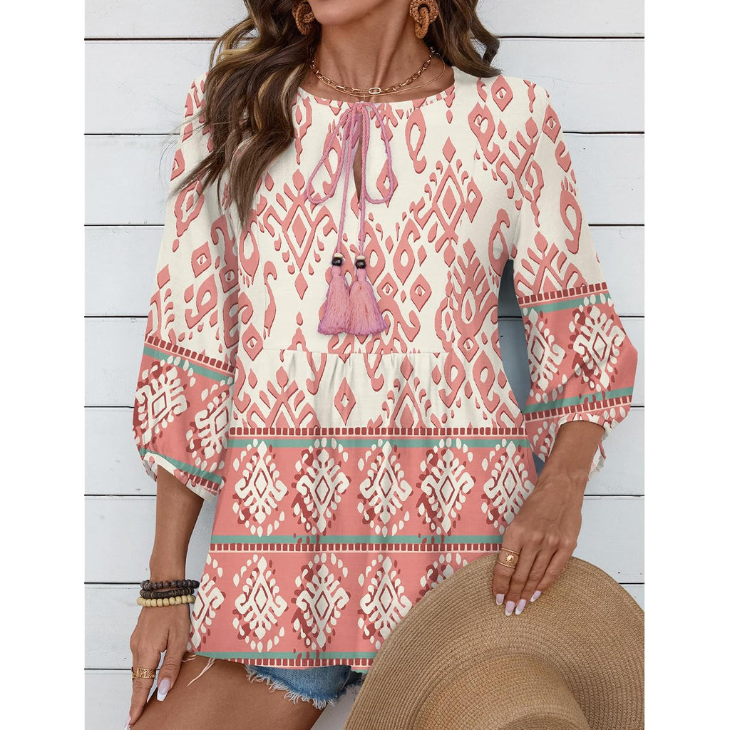 Rapbin Women Summer Boho Tops 3/4 Sleeve Pleated Blouses Casual V Neck Tie Front Spring Tunic Tops