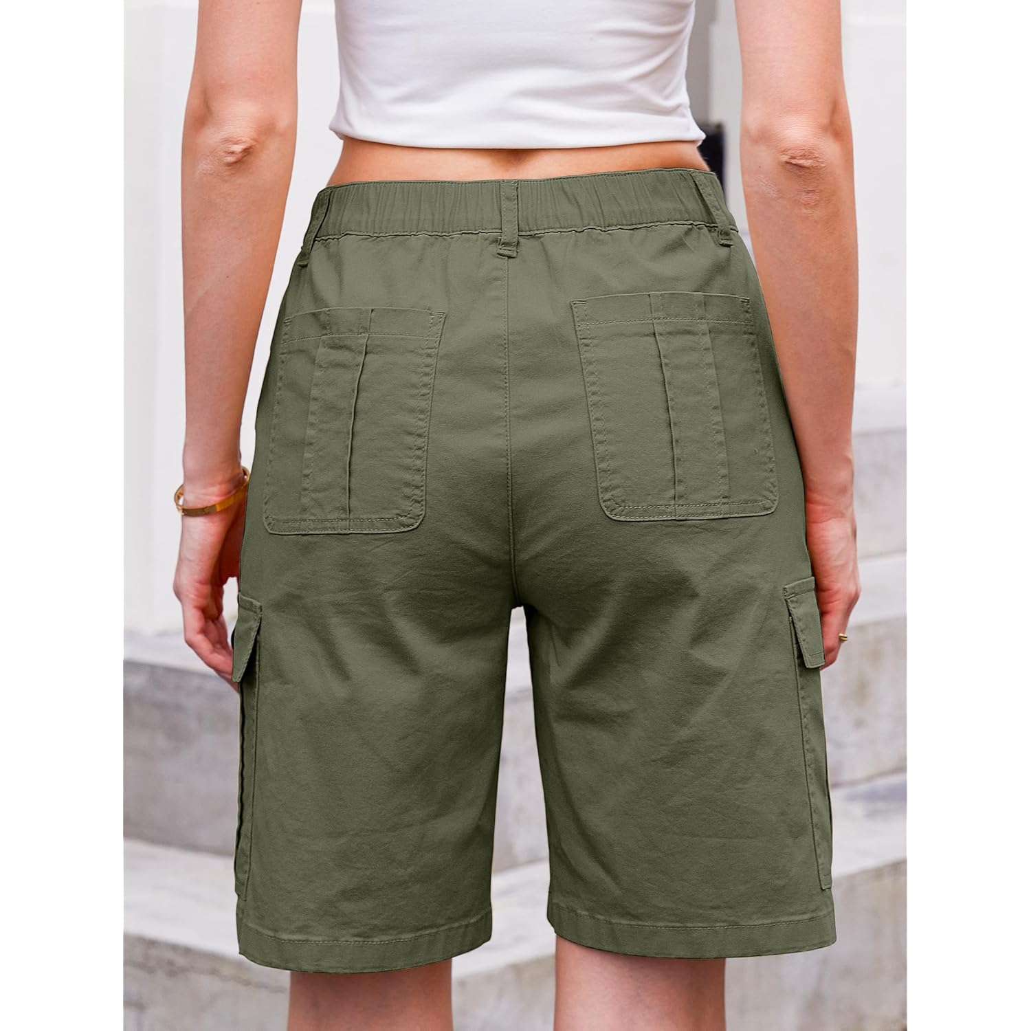 Bermuda Cargo Shorts for Women Casual Long Knee Length High Waisted Stretch Wide Leg Relaxed Fit