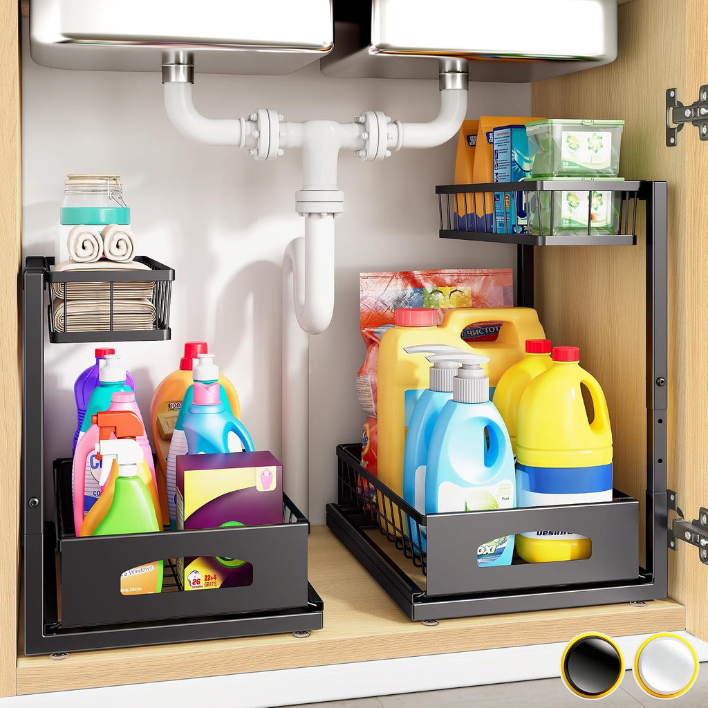 Under Sink Organizer, 2 Pack Cabinet Organizer For Kitchen, Height Adjustable Pull Out Heavy Duty 2 Tier Metal Under Sink Storage For Bathroom Pantry (Black, 2 Pack)
