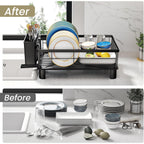 SNTD Dish Drying Rack - Space-Saving Dish Rack for Kitchen Counter, Stainless Steel Dish Drainer with Utensil Holder and Drainboard, 11" W x 15" L (Black)