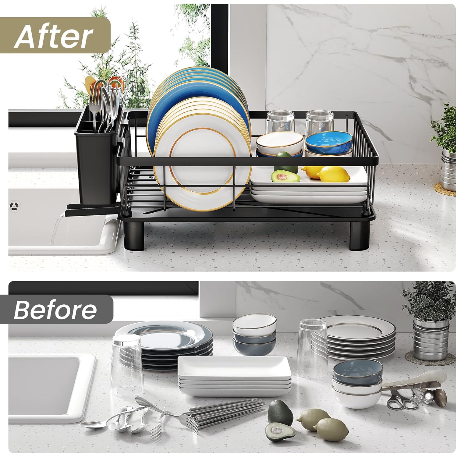 SNTD Dish Drying Rack - Space-Saving Dish Rack for Kitchen Counter, Stainless Steel Dish Drainer with Utensil Holder and Drainboard, 11" W x 15" L (Black)