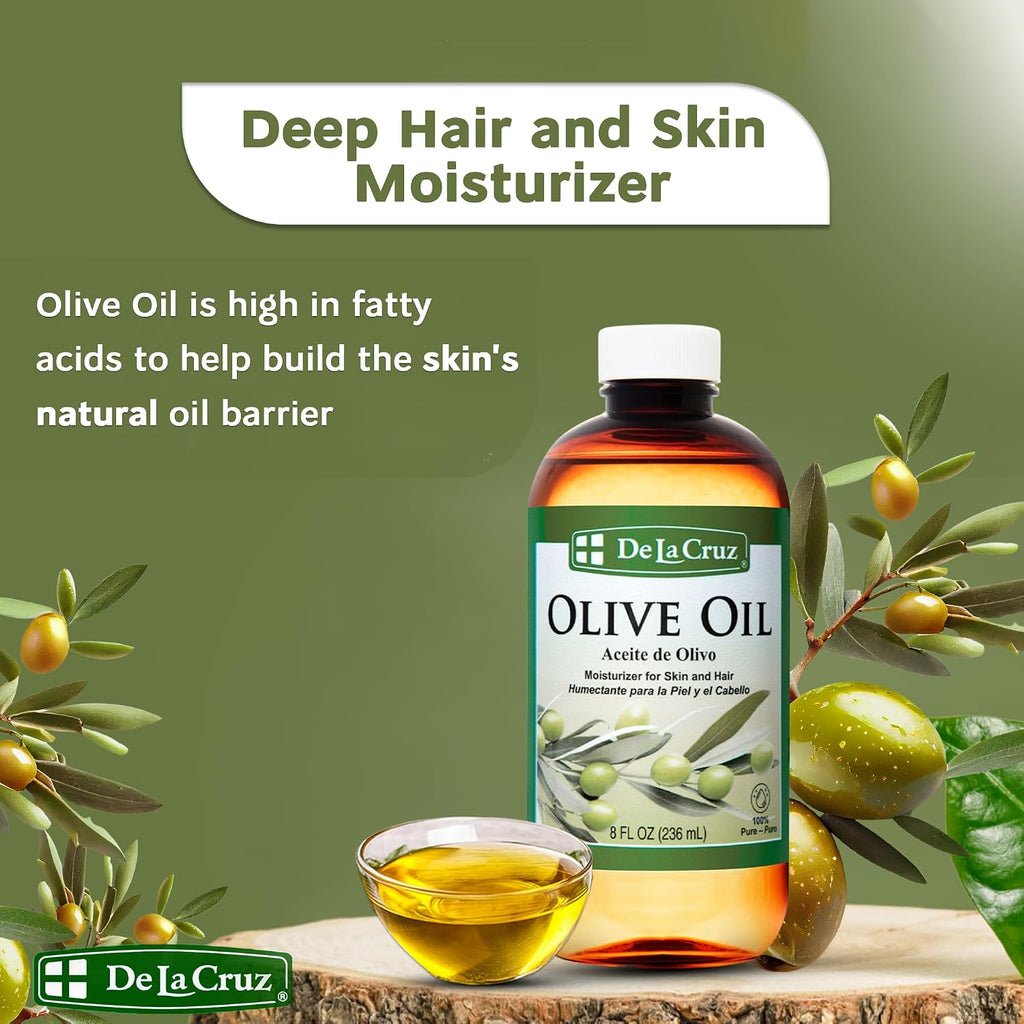 De La Cruz Pure Olive Oil - Natural Expeller Pressed Olive Oil For Hair And Skin - Lightweight Body Oil For Dry Skin 8 Fl Oz
