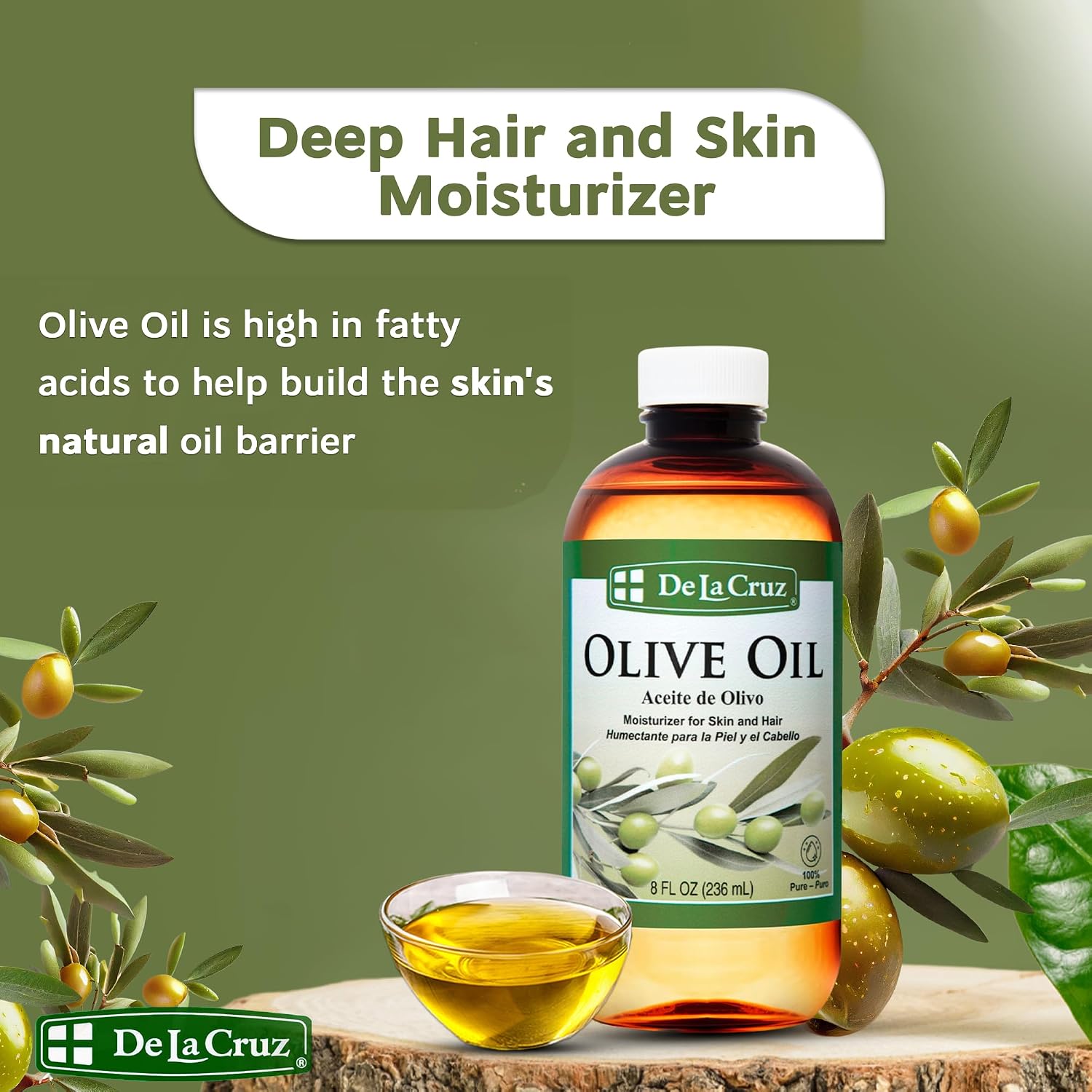 De La Cruz Pure Olive Oil - Natural Expeller Pressed Olive Oil For Hair And Skin - Lightweight Body Oil For Dry Skin 8 Fl Oz