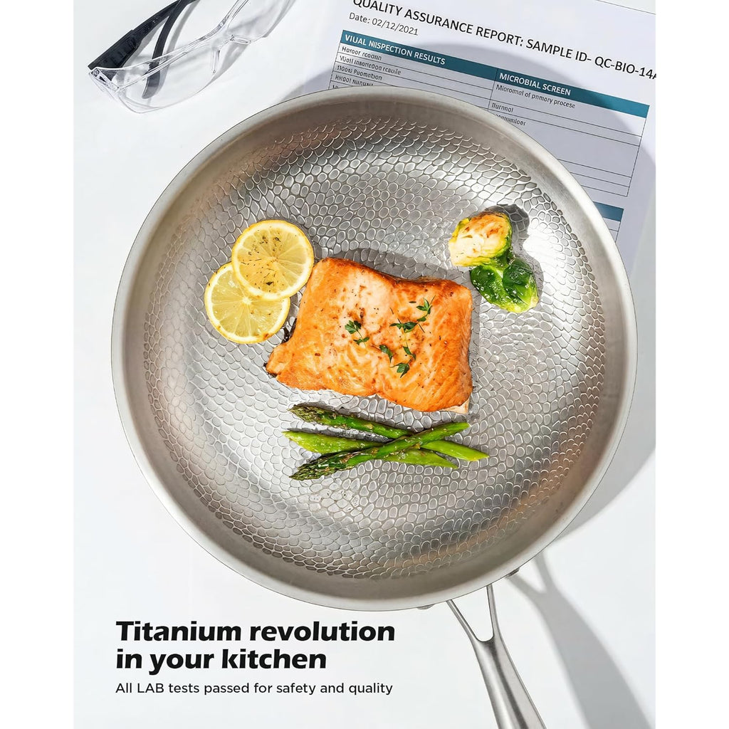 Titanium pans for cooking Non Stick,12" Uncoated Hammered titanium pro frying pan, PFAS Free Cookware, Butter warmer skillet, Induction & Oven-Safe