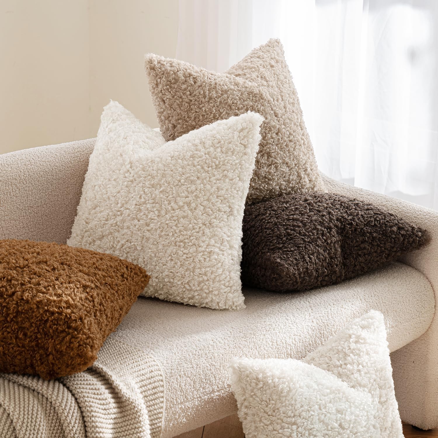 Miulee Faux Fur Decorative Sherpa Throw Pillow Covers 18X18 Inch Pack Of 2 | Neutral Light Beige Pillow Covers Fuzzy Accent Soft Sheepskin Fleece For Boho Home Decor Sofa Living Room Couch Bed