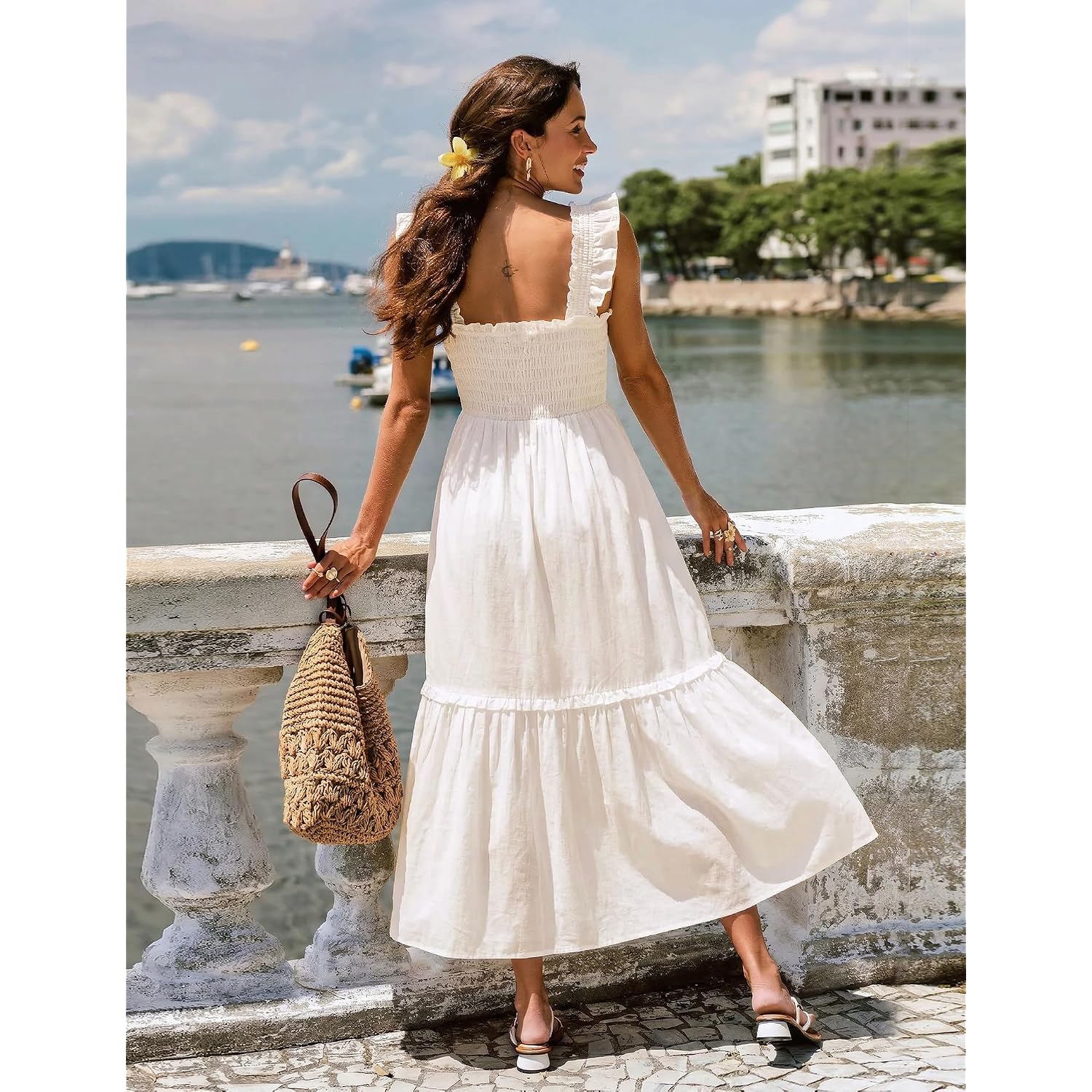 Women Summer Casual Midi Dress Square Neck Button Down Smocked Ruffle Strap Flowy Split Beach Sundress Pockets