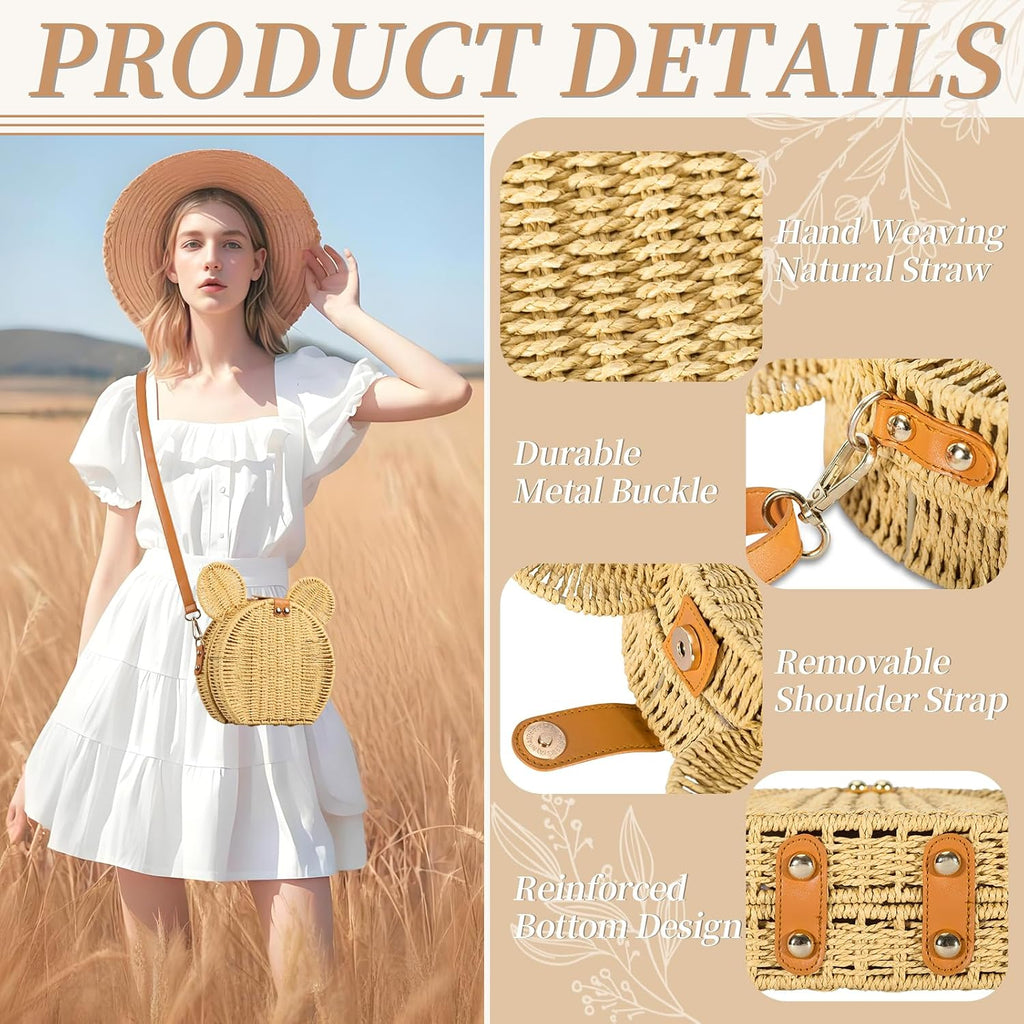 Round Rattan Straw Bag Purse For Women Handmade Cute Mouse Ear Wicker Woven Purse Crossbody Shoulder Bag Handbag