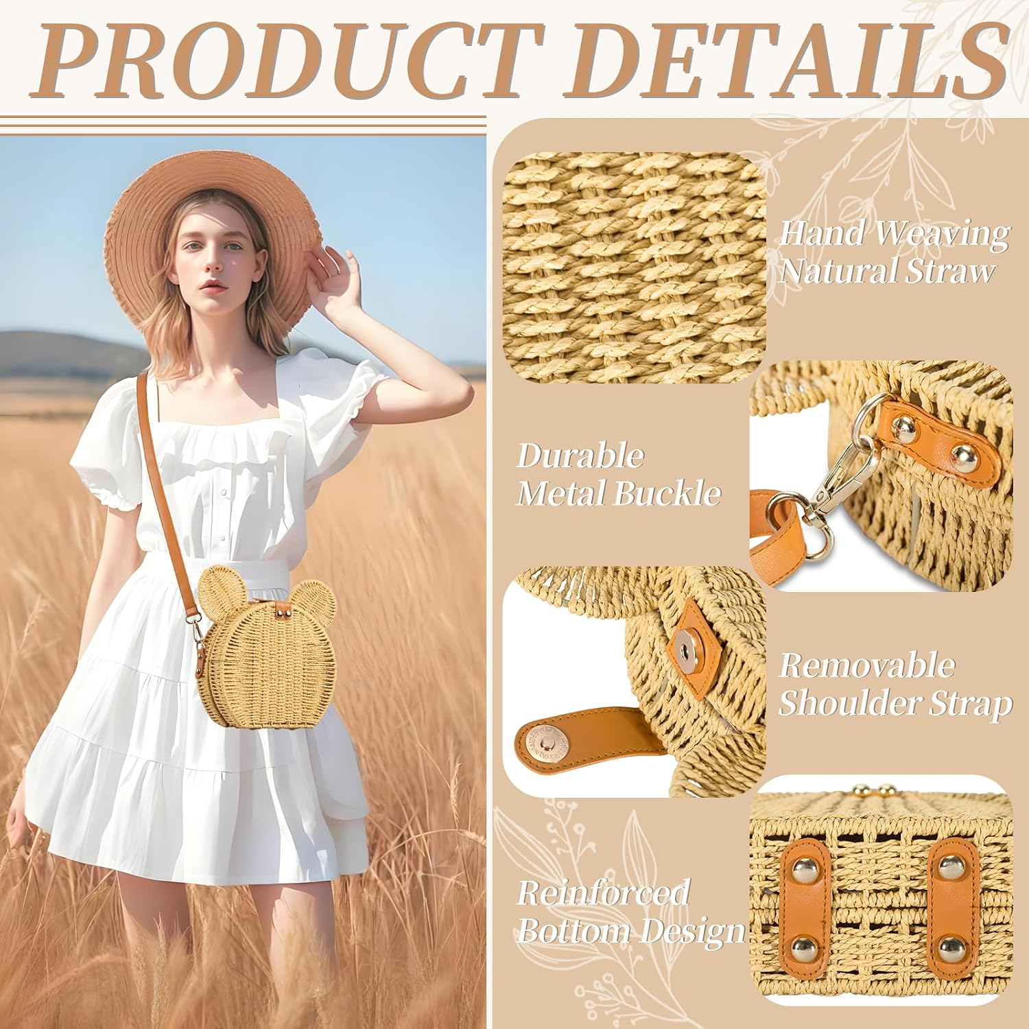 Round Rattan Straw Bag Purse For Women Handmade Cute Mouse Ear Wicker Woven Purse Crossbody Shoulder Bag Handbag